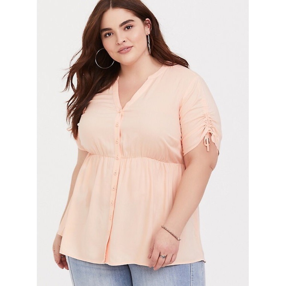 Torrid Blouse Womens Plus Size 1 Pink Peach Rayon Button Peplum Cinch Sleeve Top